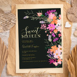 Invitación Con Relieve Metalizado Flores silvestres pastel románticas primavera dulc<br><div class="desc">Flores silvestres pastel románticas primavera verano dulce cumpleaños dieciséis con flores de campo silvestre bonito en rosa,  melocotón,  morado,  lavanda,  hojas verdes y más,  con Relieve metalizado de oro real y con una tipografía de escritura cepillada en un elegante fondo oscuro</div>