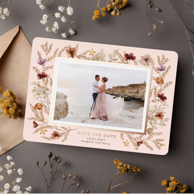 Invitación Con Relieve Metalizado Flores silvestres rodean Save the Date (Subido por el creador)