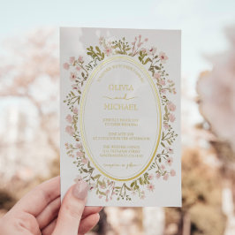Invitación Con Relieve Metalizado Flores silvestres rosadas Boda botánico oro