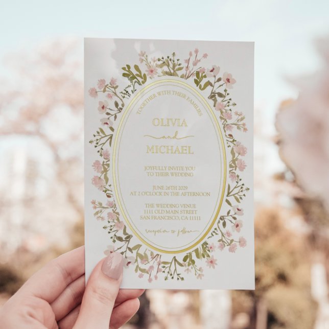 Invitación Con Relieve Metalizado Flores silvestres rosadas Boda botánico oro (Subido por el creador)