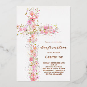 Invitación Con Relieve Metalizado flores silvestres rosadas cruz Confirmación