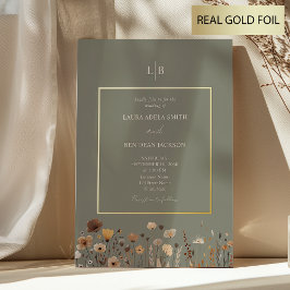 Invitación Con Relieve Metalizado Flores Silvestres Rústicas Bodas Salvia Dorado