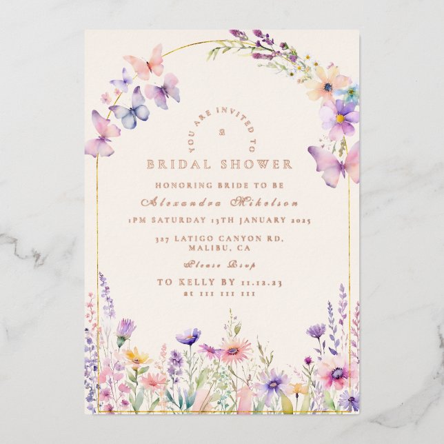 Invitación Con Relieve Metalizado Flores silvestres y mariposas Rubor ducha de novia (Anverso)