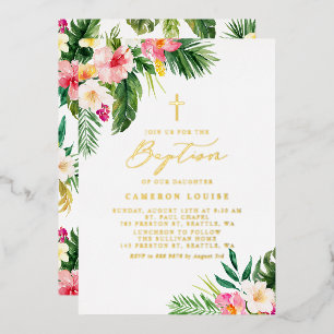Invitación Con Relieve Metalizado Flores Tropicales Acuarela Bautizo de Verano