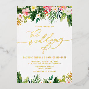 Invitación Con Relieve Metalizado Flores Tropicales Acuarela Boda de Verano