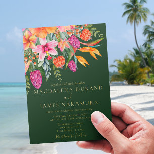 Invitación Con Relieve Metalizado Flores Tropicales Coloridas Bodas Verdes