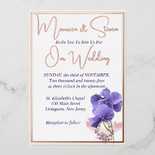 Invitación Con Relieve Metalizado Flores violetas Boda blanco elegante