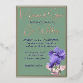 Invitación Con Relieve Metalizado Flores violetas en Boda verde