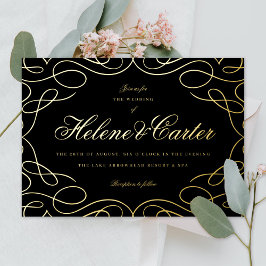 Invitación Con Relieve Metalizado Florituras Elegantes Caligrafía de Boda Negro Oro