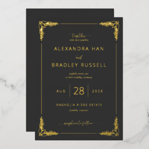Invitación Con Relieve Metalizado Florituras Negras y Doradas Elegantes