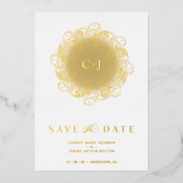 Invitación Con Relieve Metalizado Flourish Real Golden Ornament Initials Wedding