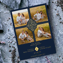 Invitación Con Relieve Metalizado Flouriy Navy Gold 4 fotos Clásico Filigree