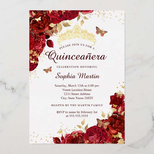 Invitación Con Relieve Metalizado Flower Gold Red Butterfly Elegante Quinceanera (Anverso)