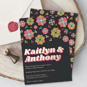 Invitación Con Relieve Metalizado Flower Power Años 70 Retro Groovy Ensayo de Boda