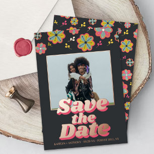 Invitación Con Relieve Metalizado Flower Power Foto Retro Groovy de los 70 para Salv