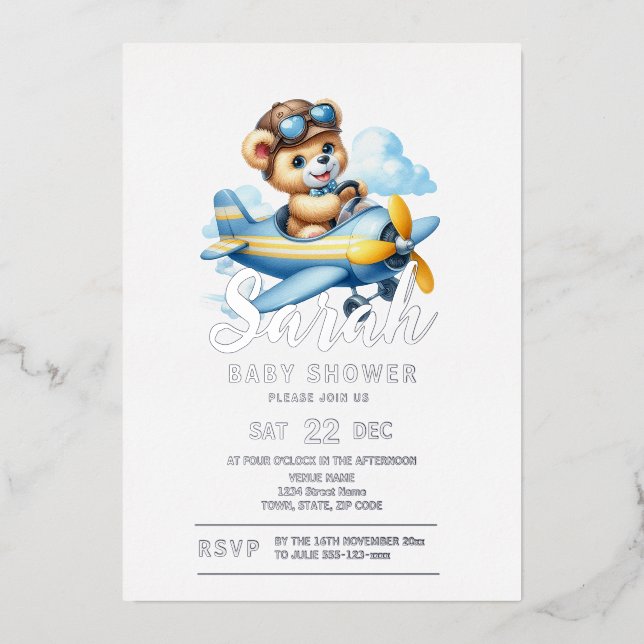 Invitación Con Relieve Metalizado Flying Teddy Bear Baby Shower (Anverso)