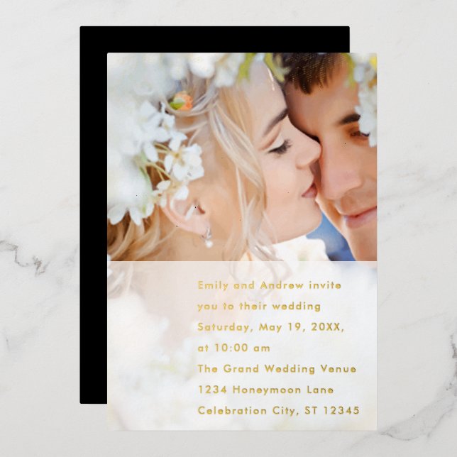 Invitación Con Relieve Metalizado Foi, Boda elegante y moderno de fotografía de oro (Anverso/Reverso)