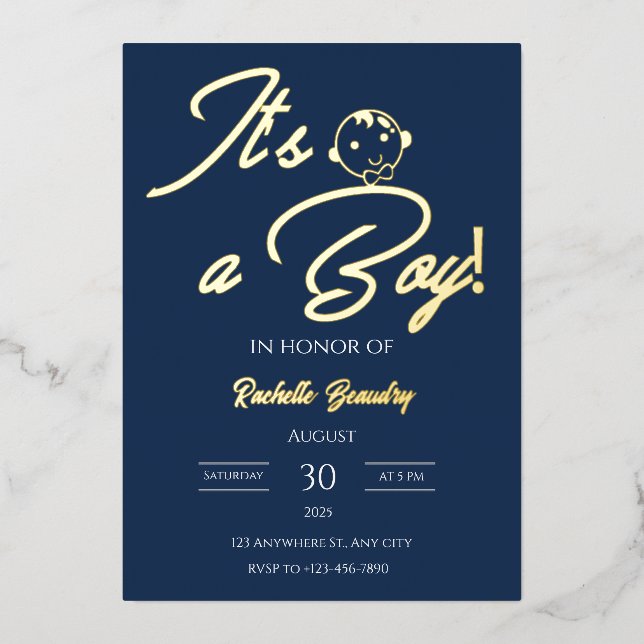 Invitación Con Relieve Metalizado Foil Baby Shower Card – Blue Theme (Anverso)