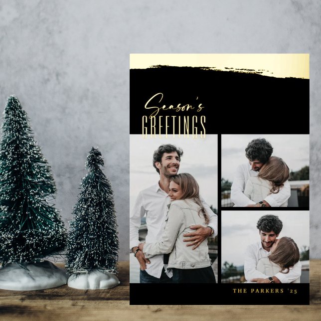 Invitación Con Relieve Metalizado Foil Brushstroke Script Collage Christmas Card (Subido por el creador)