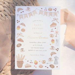 Invitación Con Relieve Metalizado Foil Cafe Bebe Acuarela Baby Shower