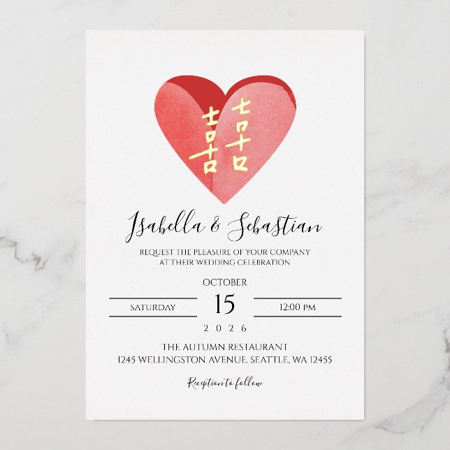 Invitación Con Relieve Metalizado Foil Chinese Wedding Character Invitation (Anverso)