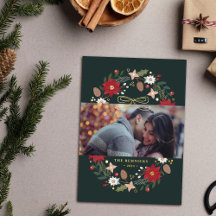 Foil Christmas Wreath Floral Holiday Photo Card