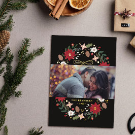 Invitación Con Relieve Metalizado Foil Christmas Wreath Floral Holiday Photo Card