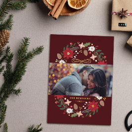 Invitación Con Relieve Metalizado Foil Christmas Wreath Floral Holiday Photo Card