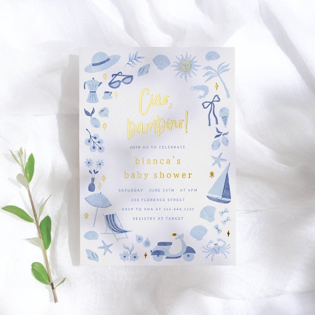 Invitación Con Relieve Metalizado Foil Ciao Bambino Italian Blue Boy Baby Shower (Subido por el creador)