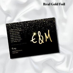 Invitación Con Relieve Metalizado Foil de cuero con foto de oro negro premium monogr