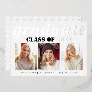 Invitación Con Relieve Metalizado Foil de plata real foto de graduado de la Clase de