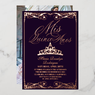Invitación Con Relieve Metalizado Foil Foto de Quinceañera Elegante de Color Purpura