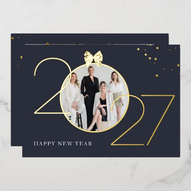 Invitación Con Relieve Metalizado Foil Gold and Navy Photo Happy New Year Greeting  (Anverso/Reverso)