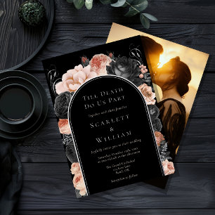 Invitación Con Relieve Metalizado FOIL Gótico Vintage Arco Hasta la Muerte Foto Boda