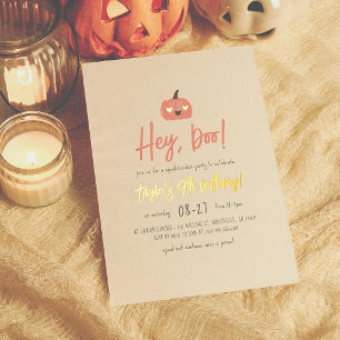 Invitación Con Relieve Metalizado Foil Hey Boo Halloween Boho Girl Cumpleaños Fiesta