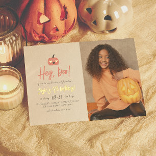 Invitación Con Relieve Metalizado Foil Hey Boo Moderno Halloween Boho Cumpleaños Fot