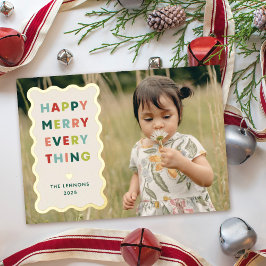 Invitación Con Relieve Metalizado Foil Ivory Happy Merry Wavy Christmas Photo Card