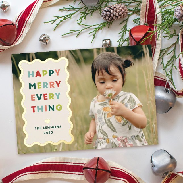 Invitación Con Relieve Metalizado Foil Ivory Happy Merry Wavy Christmas Photo Card (Subido por el creador)