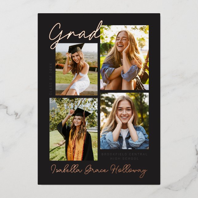 Invitación Con Relieve Metalizado Foil Modern Grad Announcement Multiple Photos (Anverso)