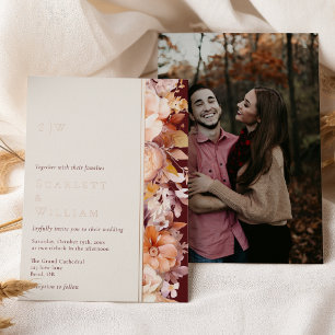 Invitación Con Relieve Metalizado FOIL Otoño Floral Borgoña Monograma Foto Boda