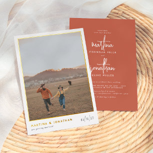Invitación Con Relieve Metalizado Foil Real Boho Minimalista Terracota Foto Boda