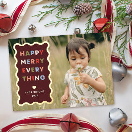 Invitación Con Relieve Metalizado Foil Red Happy Merry Wavy Christmas Photo Card