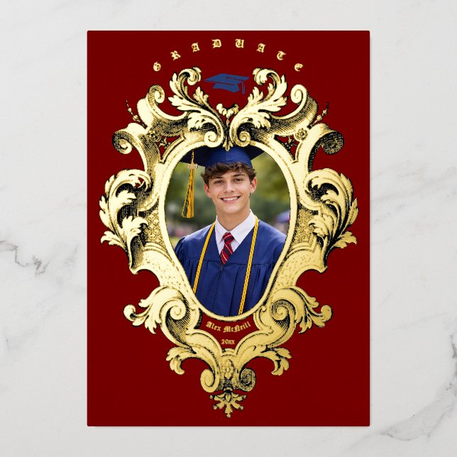 Invitación Con Relieve Metalizado Foil Rococo Cartouche Photo Template Graduation (Anverso)