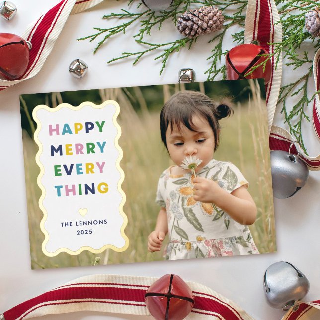 Invitación Con Relieve Metalizado Foil White Happy Merry Wavy Christmas Photo Card (Subido por el creador)