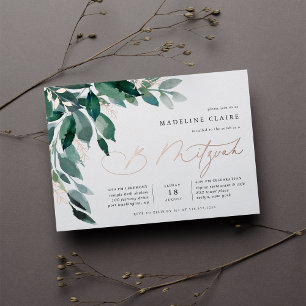 Invitación Con Relieve Metalizado Foliage Abundante B Mitzvah Botánico Verde