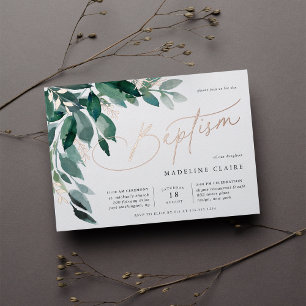 Invitación Con Relieve Metalizado Foliage Abundante Bautismo Botánico Verde