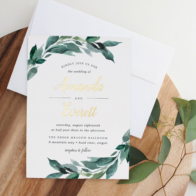 Invitación Con Relieve Metalizado Foliage Abundante | Boda de la vegetación acuática (Subido por el creador)