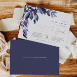 Invitación Con Relieve Metalizado Foliage Abundante | Violeta Botánica Bat Mitzvah<br><div class="desc">La elegante invitación al murciélago mitzvah presenta hojas de acuarela azules y violetas,  y una cascada de follaje en la esquina superior izquierda,  adornada con acentos de Relieve metalizado de oro rosa. Personaliza con tu ceremonia en el templo y los detalles de la celebración alineados a la derecha.</div>