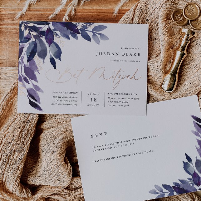 Invitación Con Relieve Metalizado Foliage Abundante | Violeta Botánica Bat Mitzvah (Elegant purple floral bat mitzvah invitations)