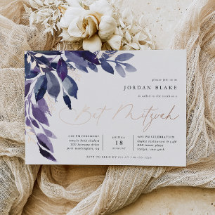 Invitación Con Relieve Metalizado Foliage Abundante   Violeta Botánica Bat Mitzvah